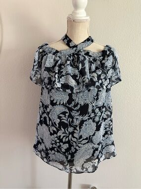 Tommy Hilfiger Navy Floral Cold-Shoulder Blouse with Light Blue Print